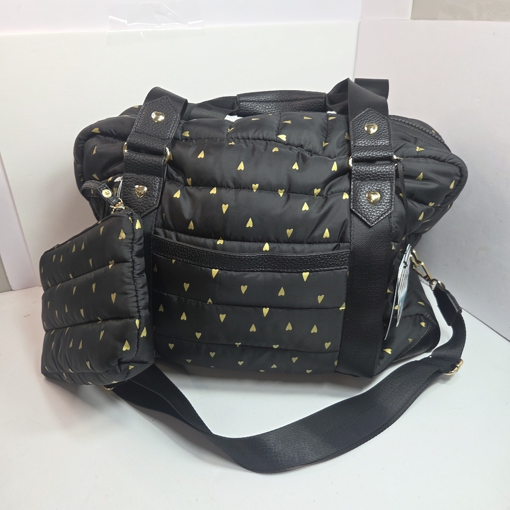 cynthia rowley large quilted duffle bag 2pc set black gold hearts weekend travel